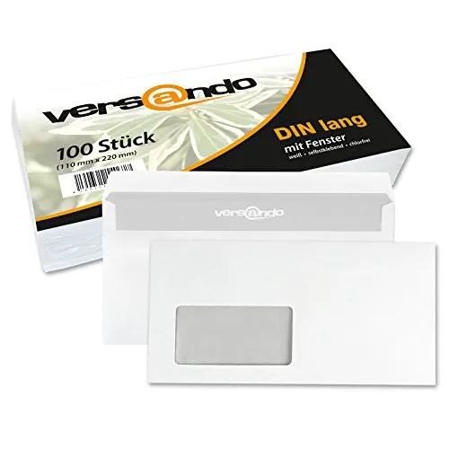 versando 100x Briefumschläge mit Fenster DIN lang 220x110mm weiß: selbstklebende Kuverts für Rechnungen, Geschäftsbriefe, Büro, einfach verschließbar mit Sichtschutz