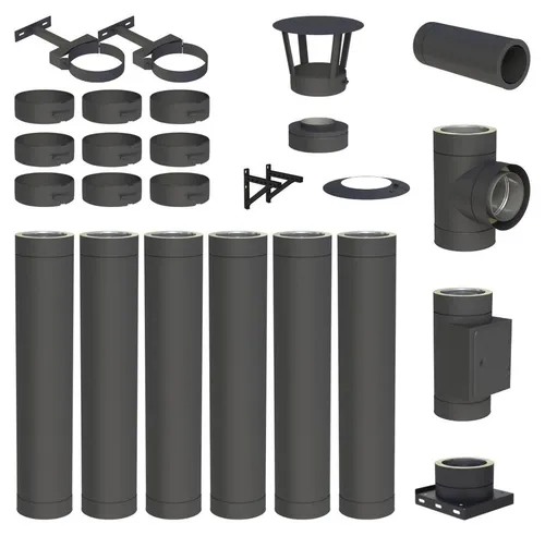 6,7 m Edelstahlschornstein Ø 130 mm Komplettset doppelwandig DW-Black - Komplettset für Wandmontage: 6,7 m doppelwandiger Edelstahlschornstein mit 25 mm Dämmung für einfache Installation und hohe Langlebigkeit. Ideal für zuverlässige Abgasführung in Ihrem Zuhause.