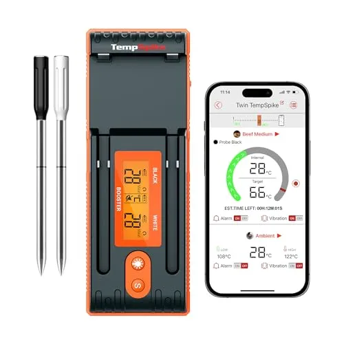 ThermoPro Twin TempSpike Fleischthermometer - Kabellos & Bluetooth - Kochthermometer mit 150m Bluetooth-Reichweite, zwei Fühlern für präzise Temperaturmessung und einer benutzerfreundlichen App für optimales Grillen und Braten.