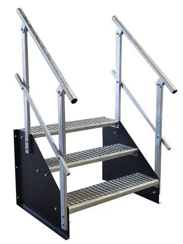 SRM Design Außentreppe 3 Stufen mit Geländer - Schwarz 100cm Breite - Freistehende 3-Stufen-Stahltreppe in Schwarz für den Außenbereich. Ideal für Garten, Wohnwagen oder gewerblichen Einsatz. Robuste, feuerverzinkte Konstruktion für Langlebigkeit und einfache Montage.