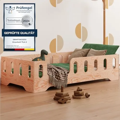 smartwood Bodenbett 60x120 Montessori Kinderbett aus Holz mit FSC-Zertifikat TILA 2L mit Rausfallschutz & Lattenrost bis 230kg belastbar - Einfache Montage