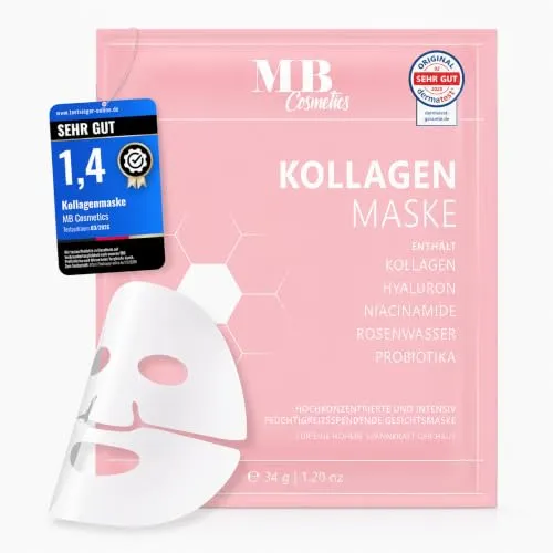 Kollagen Maske mit Hyaluron, Niacinamiden und Probiotika-Komplex für straffere Haut. Hydrogel Gesichtsmaske zur Faltenreduktion und Feuchtigkeitspflege. Ultrahochkonzentriert 52.000 ppm - MB COSMETICS