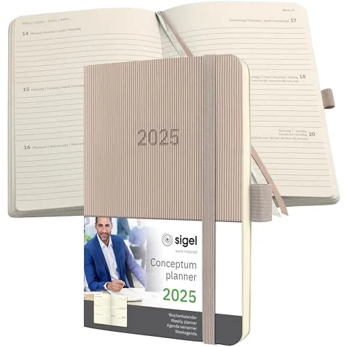 SIGEL C2531 Wochenplaner Wochenkalender 2025, ca. A6, taupe, Softcover, 176 Seiten, Gummiband, Stiftschlaufe, Archivtasche, aus nachhaltigem Papier, Conceptum