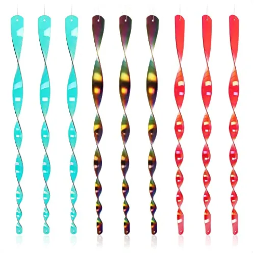 com-four® 9X Vogelabwehr-Anhänger - Vogelschreck Spiralen - reflektierendes Windspiel - Vogelscheuche zum Aufhängen gegen Raben, Krähen, Stare, Dohlen, Tauben (9 Stück - rot/grün/blau)