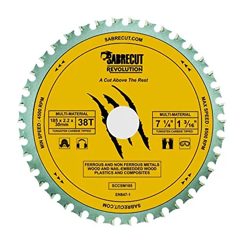 SabreCut SCCSM185_38 185mm 38T x 30mm 25,4mm 20mm 16mm Bohrung Multi-Material Metall Holz Kunststoff Kreissägeblatt kompatibel mit Bosch Dewalt Makita Milwaukee und vielen anderen 1 x