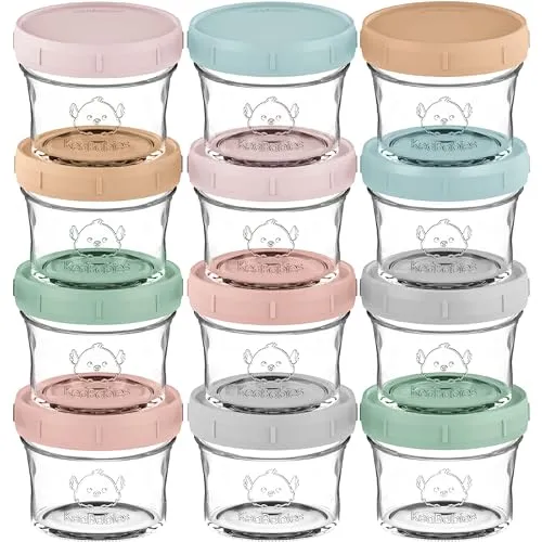 12-Pack Babybrei Einfrieren Behälter aus Glas - Lecksicher und Mikrowellengeeignet - Pakete & Sets - 12 haltbare, lebensmittelechte Behälter für die sichere Aufbewahrung von Babybrei. Ideal für vielbeschäftigte Eltern, luftdicht, auslaufsicher und perfekt für die Mikrowelle.