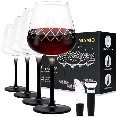 MIAMIO 480 ml Rotweingläser 4er-Set - Kristallweingläser mit schwarzem Stiel - Rotweingläser Set mit 4 großen Gläsern, ideal für elegante Weinproben. Hochwertige Kristalloptik und modernes Design für besonderen Genuss.