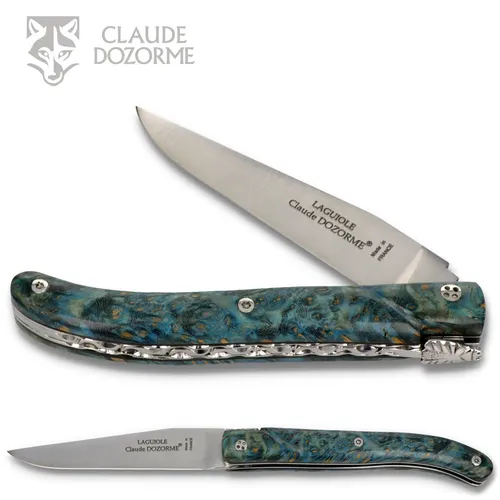 Claude Dozorme Laguiole Messer UNIKAT - 12cm Griff Ahorn - Ein einzigartiges Laguiole Taschenmesser mit verzierten Platinen und einem eleganten Ahorn-Griff. Ideal für Sammler und Liebhaber feiner Messer. Klingenmaterial: 12c27 Sandvik Stahl, rostfrei.