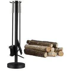 Relaxdays Kaminbesteck modern 4-teilig mit Ständer Schwarz,Silber