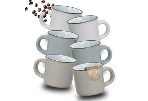 matches21 HOME & HOBBY Tasse Espresso-Tassen Email-Optik 6er Set dickwandige Keramik, 50 ml, 6-tlg., Keramik, Kleine Vintage Henkel Mokka Kaffee-Tassen