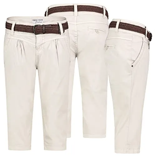 FRESH MADE Damen Short Bermuda 3/4 Hose Sommer Chino Stoff Hose mit Gürtel Capri, Hosengröße:XS / 34, Farbe:Beige