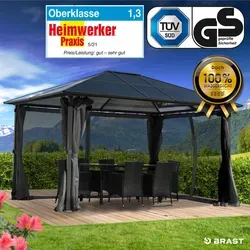 Alu Pavillon PREMIUM 3x4m grau - Pavillon aus hochwertigem, wasserdichtem Aluminium mit TÜV-geprüfter Sicherheit. Ideal für entspannte Stunden im Garten, ausgestattet mit Moskitonetz und eleganten Vorhängen.