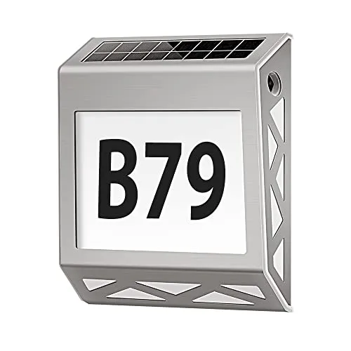 YOHAYO Solar Beleuchtete Hausnummer 8 LEDs Solar Hausnummer mit Dämmerungsschalter aus Edelstahl 3 Beleuchtungsmodi IP54 Wasserdicht Außen mit Nummern 0-9 & Buchstaben A-Z