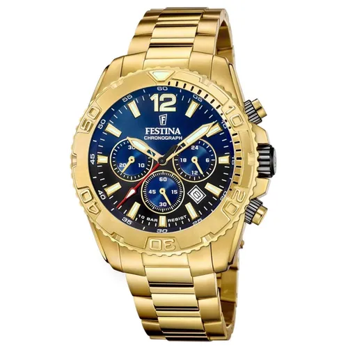 Festina Quarz Herren Timeless Chronograph F20684/2 - Eleganz in Blau und Gold - Chronographen mit blaufarbigem Zifferblatt und goldfarbenem Edelstahlarmband, perfekt für stilbewusste Herren.