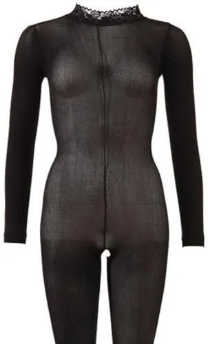 Mandy Mystery Lingerie Catsuit ouvert - verführerischer Overall für sie, hautenger Langarm-Ganzkörpereinteiler mit offenem Schritt, schwarz