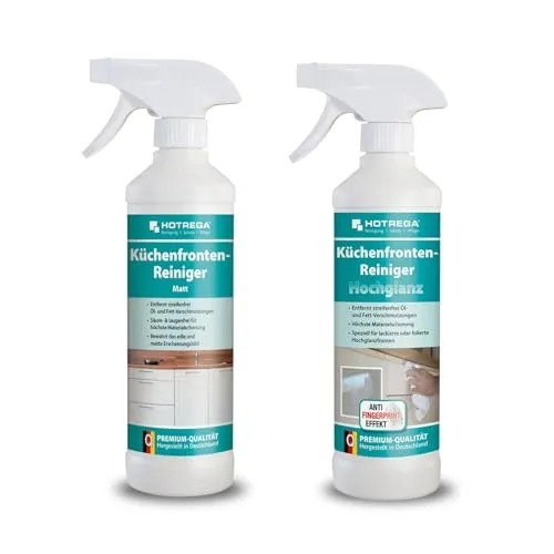 HOTREGA Küchenfronten Reiniger Set 2x 500 ml – Für matte & Hochglanz Oberflächen - Effektives Set zur Reinigung von matten und glänzenden Oberflächen. Entfernt mühelos Öl und Fett, sorgt für streifenfreie Sauberkeit und erhält das natürliche Aussehen Ihrer Möbel.