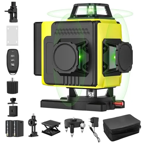 Kreuzlinienlaser 16-Linien, 4x360 Grad Grün Selbstnivellierend Laser Wasserwaage mit 2xBatterien 4D-Laser Baulaser linienlaser kreuzlaser mit 16 Linien/Fernbedienung/IP54 Wasser (Ohne Ständer)
