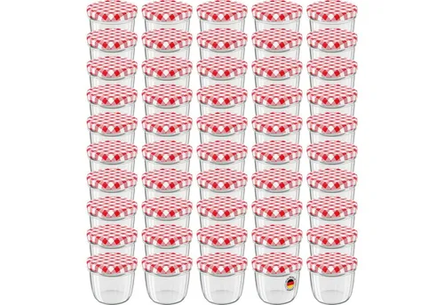 Wellgro Vorratsglas Einmachgläser - 230 ml, rot kariert (50-tlg) - Vorratsgläser mit Schraubdeckel, ideal zum sicheren Aufbewahren von Lebensmitteln und stylish in rot kariert. Perfekt für die Küche oder als Geschenk.