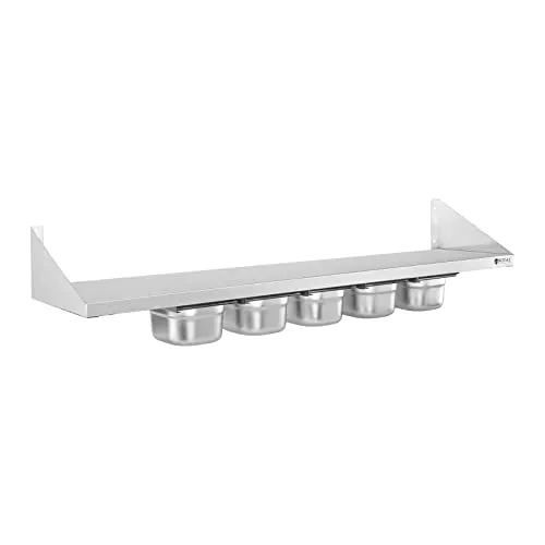Royal Catering Hängeregal 120 cm - Gewürzregal aus Edelstahl mit 5 Behältern - Hängeregal - 120 cm - ideal für die platzsparende Aufbewahrung von Gewürzen, aus robustem Edelstahl für einfache Reinigung und Langlebigkeit in der Gastronomie.