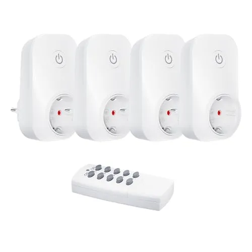 HBN Funksteckdosen Set aus 4 Funksteckdose mit 1 Fernbedienung, Ferngesteuerte Stecker für Weihnachtsschmuck, Haushaltsgeräte, Reichweite 30m, 3680 Watt / 16A, Weiß