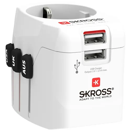 SKROSS Länderstecker Pro Light USB World (2xA) White - Universaladapter für weltweiten Einsatz, robust und innovativ für optimale Qualität