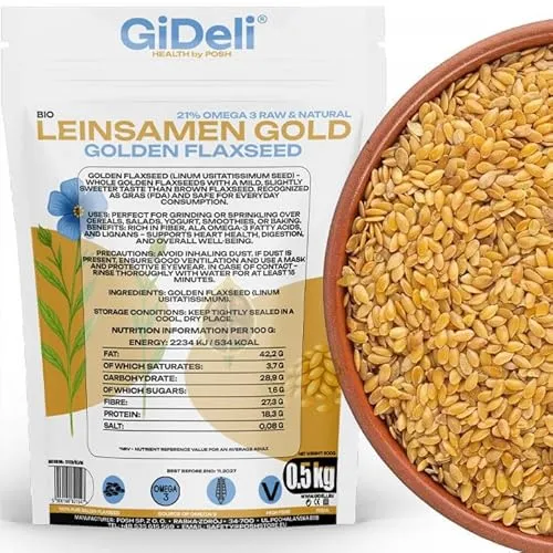 GiDeli Leinsamen Gold 0,5kg ganze goldleinsamen – ohne Zusätze – Leinsaat ideal zum Backen – vegan – ganze Körner naturbelassen – perfekt für Müsli, Brot & Smoothies