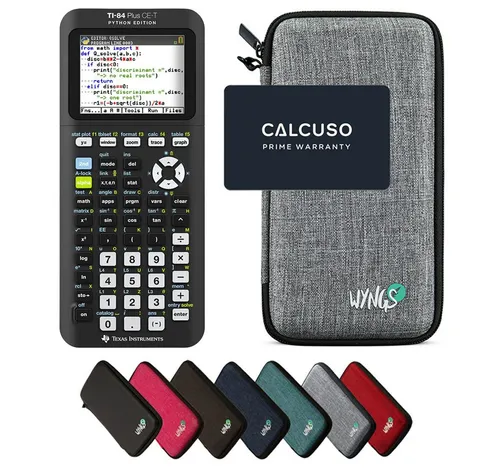 TI-84 Plus CE-T Python Edition mit WYNGS Schutztasche - Grafische Taschenrechner mit leistungsstarkem TI-84 Plus CE-T Python Edition und robuster WYNGS Schutztasche für optimalen Schutz. Ideal für Schule, Studium und Beruf mit 5 Jahren erweiterter Garantie!