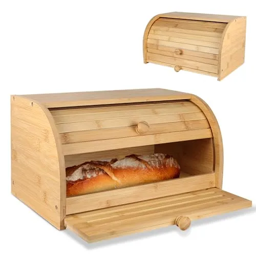 Fishtec – Brotkasten aus Bambus mit integriertem Schneidebrett – Krümelfang – Brotkiste – Brotkorb – Schiebetür – Ideal zur Aufbewahrung Ihres Brotes – 37 x 23 x 19,7 cm