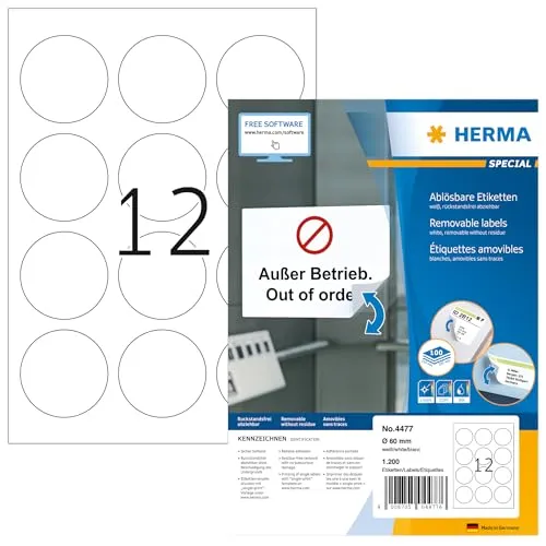 HERMA 4477 Universal Etiketten ablösbar rund, 1400 Blatt, Ø 60 mm, 12 pro A4 Bogen, 16800 Stück, selbstklebend, bedruckbar, matt, blanko Papier Klebeetiketten Aufkleber, weiß