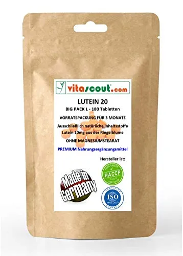 Lutein 20 II – 180 Tabletten à 10mg – 3-Monatsvorrat – Ohne Magnesiumstearat – Hergestellt in Deutschland – Von VITASCOUT®
