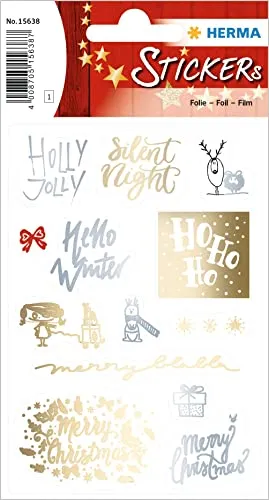 HERMA 15638 Aufkleber Weihnachtssprüche Gold Silber, 13 Stück, Weihnachten Sticker mit Schriftzug Botschaft, Kinder Etiketten für Weihnachtsdeko Geschenke Adventskalender Winter Dekoration DIY Basteln