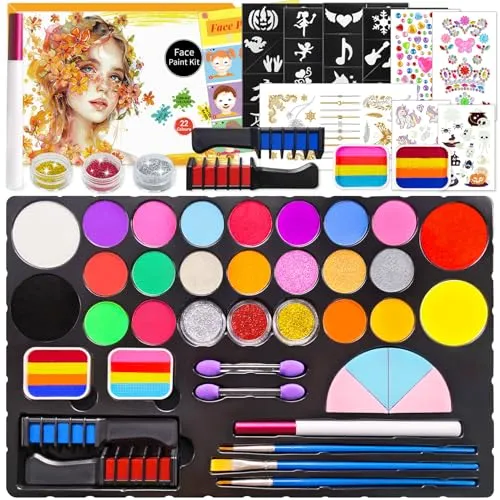 Mekkyes Kinderschminke Set, 22 Farben Waschbar Schminke Kinder Gesichtsfarbe mit 4 große Farben, 2 Rainbow Split und Tattoos, Ideal Kinderschminken für Halloween Karneval Kindergarten Allwetter