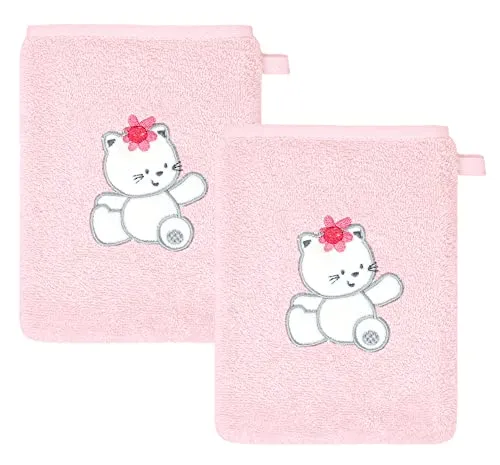 Lashuma Babytuch zum waschen Set, 2X 15x21cm Rosa Baby Waschhandschuhe Mädchen Bestickt Design: Katze