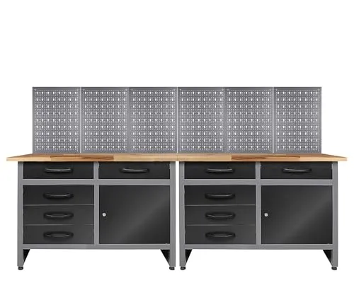 Ondis24 Werkstatt Set Werkbank Holger 240 cm mit 2 Werkbänken & 6 Lochwänden | Arbeitshöhe 85 cm | 28 mm Buchenholzplatte | Schubladen & verschließbarer Schrank | stabile Lochwand-Elemente
