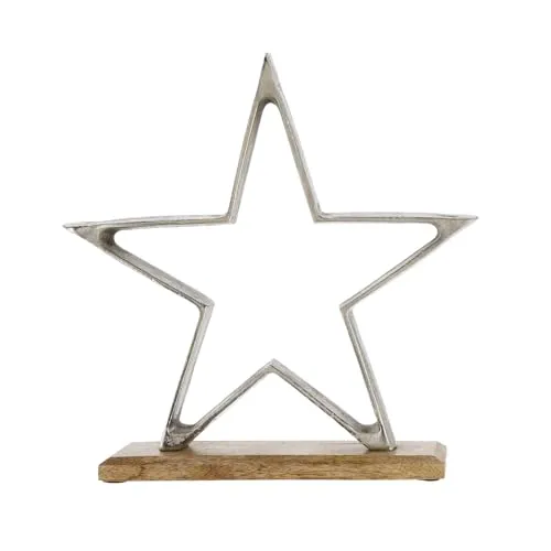 Aluminium Stern Aufsteller Silber - 32 cm - Weihnachtlicher Zierschmuck, eleganter Deko Stern aus Aluminium mit nachhaltigem Mangoholz-Sockel und Anti-Rutsch Pads, ideal für festliche Tisch- und Fensterdekoration.