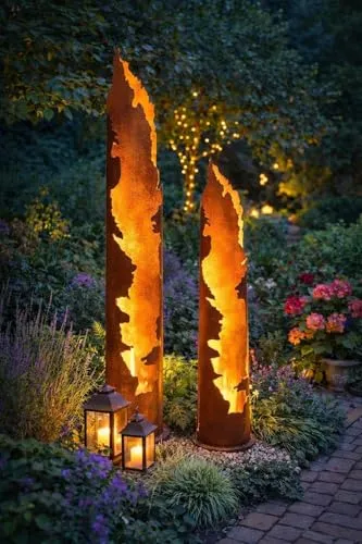 ESTEXO Dekosäule Rostsäule Set 120 + 150 cm – Einzigartige Gartendeko aus Stahl - Dieses Set aus 2 Edelrost Dekosäulen ist ein echter Blickfang für Ihren Garten oder Eingangsbereich. Jede Säule hat eine individuelle Rost-Patina und kann beleuchtet werden. Robustes Material garantiert Langlebigkeit.