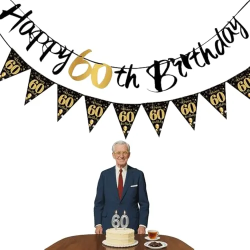 Deko 60. Geburtstag Männer Frauen,60 Geburtstag Deko,Happy 60 Birthday Girlande Banner Wimpelkette,Geburtstagsdeko Schwarz Gold,Geburtstagsbanner Wimpelgirlande Aufhängen für Hintergrund Partydeko
