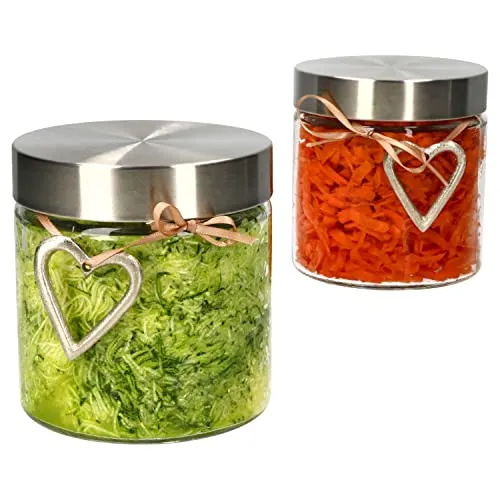 MamboCat 2er Set Bera Vorratsglas mit Edelstahldeckel Silber mit Band & Metall-Herz I rund I 0.8L I Ø 11 cm I Vorratsglas für Kaffee, Tee, Mehl, Reis, Nudeln & Co I Aufbewahrung-Box I Geschenk-Idee