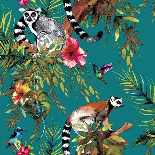 Lemur Regenwald Tiere & Blumen Tapete Blaugrün 12402 Exotisch Tropisch Dschungel