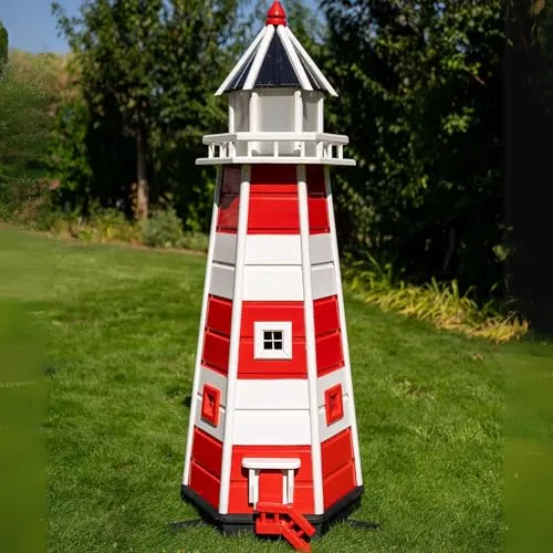 Deko-Shop-Hannusch XXL Leuchtturm aus Holz mit SOLAR Beleuchtung 1,40 m - Gartendeko mit 10 leistungsstarken LED's, rot-weiß lackiert und ideal für stimmungsvolle Abende im Garten. Solarpanel sorgt für umweltfreundliche Beleuchtung.
