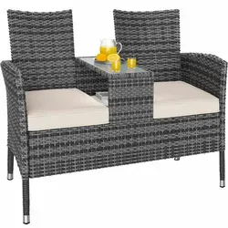 DeubaXXL DE Polyrattan Kino Bank Grau/Beige 143x55x88cm - Gartenbank mit integriertem Tisch und eleganter Glasplatte, wasserabweisenden Sitzkissen und robustem Stahlgestell für bis zu 160 kg pro Seite.