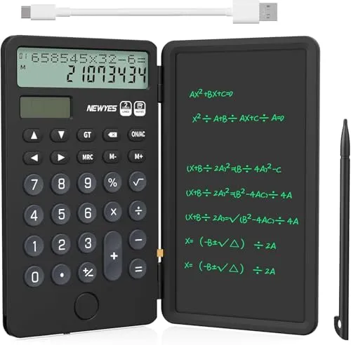 NEWYES Tragbarer Taschenrechner mit Notizblock, 2-zeiliges 12-stelliges großes Display, wiederaufladbarer Solarenergie-Tischrechner für Büro, Schule, Studenten (Schwarz)