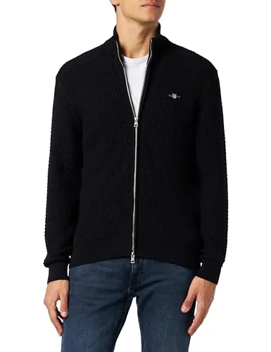 Gant Herren Casual Cotton Zip Cardigan, Schwarz, M EU - Strickjacke für Herren mit Reißverschluss und Rippenbündchen, ideal für den Lagenlook. Aus mittelschwerem Baumwollstrick mit grafischer Gant-Stickerei auf der Brust.