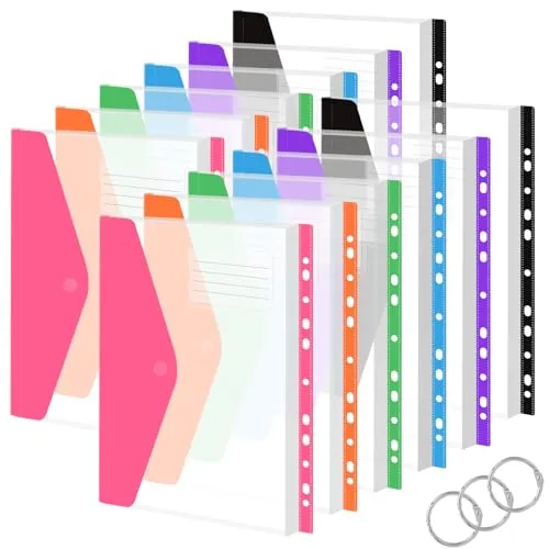 Vakki Dokumententasche A4, 12 Stück Transparent Dokumententasche A4, 6 Farben Erweiterbare Wasserdicht Dokumenten Mappen Abheftbar mit Klettverschluss, Etikettentasche für Organisieren von Dokumenten