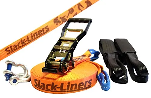 Slack-Liners 6 Teiliges Slackline-Set ORANGE - 50mm breit, 30m lang - mit Langhebelratsche Made in Germany