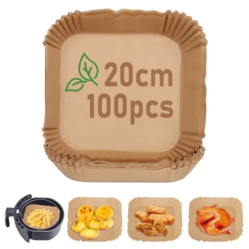 JOPHEK Backpapier Air Fryer, 100 Stück, quadratisch, für Heißluftfritteuse (20 cm)