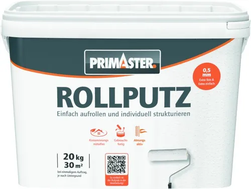 Primaster Rollputz 20 kg Weiß - Hochwertiger Wandputz - Vielseitiger Rollputz für eine einfache Wandgestaltung. Ideal für Innenräume, sorgt für eine gleichmäßige Oberfläche und ist leicht anzuwenden.