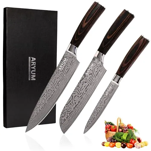 Aryum Messerset, 3-teiliges Küchenmesser Set aus hochwertigem deutschem Edelstahl 1.4116, Kochmesser Set mit Chefmesser Santaku Messer Allzweckmesser. Scharfes Messer Set mit Pakkaholz Griff