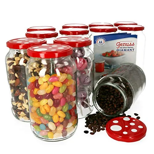 MamboCat Einmachglas 12er Set mit Fliegenpilz Deckel - Praktische 1062 ml Einmachgläser für luftdichtes Konservieren, inklusive GRATIS Rezeptheft für kreative Ideen. Ideal für selbstgemachte Speisen und vielseitige Aufbewahrung.