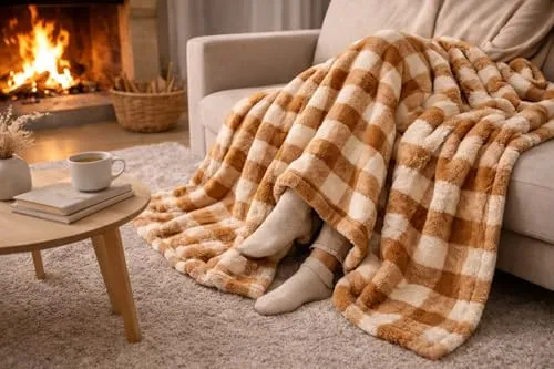 KAMACA XL Wohndecke 150 x 200 cm – Premium Kuscheldecke im modernen Karo-Design – Flanell-Qualität (330 g/m²) – Ultra Soft, Atmungsaktiv & Allergikerfreundlich – Kariert in Braun Tönen